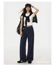 Load image into Gallery viewer, Maden Women's Vintage 12.4oz Washed Denim Jeans Straight Wide-Leg Casual Loose Fit Blue Trousers For Spring and Fall Streetwear

