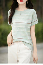 Load image into Gallery viewer, Women's T-shirts Summer New 100% Cotton Short Sleeve Casual Striped Knit Blouse Round Neck Tops Loose Pullover Tees
