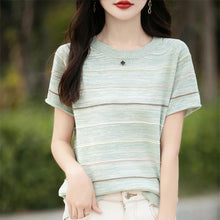 Load image into Gallery viewer, Women's T-shirts Summer New 100% Cotton Short Sleeve Casual Striped Knit Blouse Round Neck Tops Loose Pullover Tees

