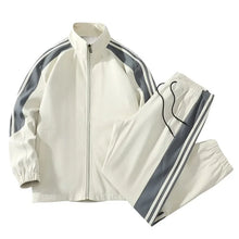 Load image into Gallery viewer, Men Fashion Tracksuit 2‑Piece Set, Stand Collar Zip‑Up Jacket &amp; Drawstring Pants, Striped Casual Sports Outfit For Autumn Winter
