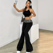 Load image into Gallery viewer, Fashionable Leopard Print Pleated Yoga Pants High Elastic Comfort Slim Fit Bell Bottoms Waistline Splicing Sporty Trousers
