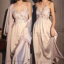 Load image into Gallery viewer, Elegant Female Long Robe Set Nightgown Silky Ice Silk Sleepwear Homewear SEXY Hollow Out Lace Nightdress Lingerie Loungewear
