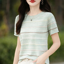 Load image into Gallery viewer, Women's T-shirts Summer New 100% Cotton Short Sleeve Casual Striped Knit Blouse Round Neck Tops Loose Pullover Tees
