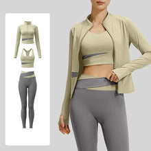 Load image into Gallery viewer, Women's Color Block 3 Piece Yoga Set with Thumb Hole Running Waist Cincher Slim Fit Workout Set Lightweight Pilates Clothes
