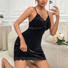 Load image into Gallery viewer, Women's Velvet Nightdress Sexy Deep V Nightgown Female Lace Patchwork Suspender Skirt Backless Adjustable shoulder strap Dress
