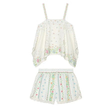Load image into Gallery viewer, Women's Printed Shorts Set Summer Asymmetric Hem Wide Straps Loose Top Elastic Waist Lace Trim Shorts Fashion Casual 2 Piece Set
