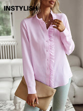 Load image into Gallery viewer, Women's Shirt Elegant Long Sleeve Ruched Stand Neck Office Lady Blouse Casual Button Shirts Harajuku Tunics Street Simple Tops
