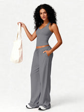 Load image into Gallery viewer, Women 2 Piece Yoga Outfit Ribbed Halter Crop Tank Top Drawstring Wide Leg Pants Set Casual Workout Gym Loungewear Tracksuit
