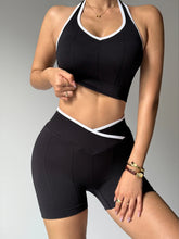 Load image into Gallery viewer, Gym Exercise Set For Women 2pcs Set Yoga Suit Black And White Patchwork Fashionable Halter Top High-Waisted Breathable Shorts
