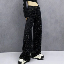 Load image into Gallery viewer, New Female Black Jeans Are Cool Studded With Diamonds. Casual Denim Trousers High-waisted, Straight-leg Wide-leg Pants Women's
