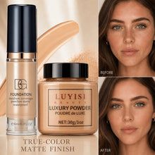 Load image into Gallery viewer, Facial Makeup Set:1pc Matte Loose Powder+1pc Waterproof Fundation,High-Coverage,Long-Lasting,Oil Control,Creat Natural Looks.
