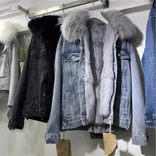 Load image into Gallery viewer, Winter Warm Coats Big Fur Collar Denim Jacket Women Basic Coat Female Cold Motorcycle Outerwear Fleece Thick Padded Overcoat
