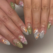Load image into Gallery viewer, Medium fake nails for women Gradient nude brown blue flowers or rhinestones fall winter almond tips press on false nail art set
