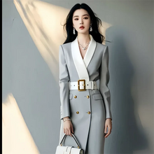 Load image into Gallery viewer, Elegant White Belted Suit Dress
