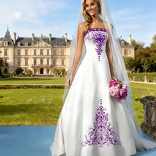 Load image into Gallery viewer, Elegant Embroidery White And Purple Wedding Dress Sweep Train A-Line Satin Strapless Bride Gowns Customized Robes De mariée
