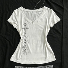 Load image into Gallery viewer, T Shirts Women V Neck Slim Vintage Printing Elegant Grunge Gothic Y2k Aesthetic Harajuku Tops Ladies Casual Tee Shirt
