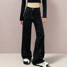 Load image into Gallery viewer, New Female Black Jeans Are Cool Studded With Diamonds. Casual Denim Trousers High-waisted, Straight-leg Wide-leg Pants Women's
