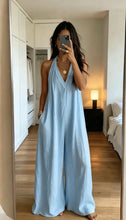 Load image into Gallery viewer, Women's White Halter Jumpsuit Deep V Neck Sleeveless Wide Leg Cuffed Hem Pocketed Boho Resort Casual Summer Y2K Chic Jumpsuit
