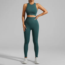 Load image into Gallery viewer, Seamless Ribbed High Waisted Yoga Set for Women, Tummy Control Criss Cross Back Workout Outfit, Quick Dry Fitness Set for Gym
