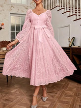 Load image into Gallery viewer, Elegant Party Dress For Woman Evening Prom Dresses Lace Long Gown V Neck Maxi Dress White Pink Floral Lace A Line Balloon Sleeve
