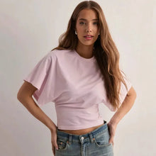 Load image into Gallery viewer, Women's T-shirts Crew Neck Ruched Waist Slim Fit Solid Color Casual Cropped Tee Summer Streetwear Basic Daily Wear Top
