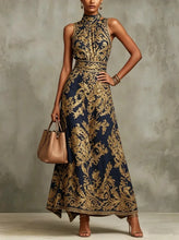 Load image into Gallery viewer, Elegant Party Evening 2026 Summer Long Dresses New Vintage Classic Pattern Flower Printed Lapel A-Line Dresses For Women
