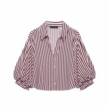 Load image into Gallery viewer, Women Striped Shirts For Women Vintage Elegant Puff Sleeve Summer New High Street Clothes Leisure Single-breasted Lapel Blouse
