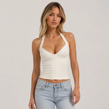 Load image into Gallery viewer, Women's Summer Tops Halter Neck Deep V Ruched Fitted Camisole Crop Top Black Top or White Top Y2K Sleeveless Party Clubwear
