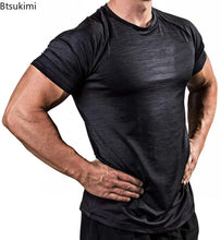 Load image into Gallery viewer, Summer Gym T-shirts Men's Solid Fitness Clothing O-neck Short Sleeve Tops Breathable Slim Bodybuilding Workout Muscle Tees Male
