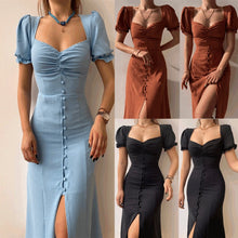 Load image into Gallery viewer, Elegant Dresses Women Summer Sexy Dress 2024 New V-Neck Single Breasted Short Puff Sleeves Solid High Waist Hem Split Midi Dress
