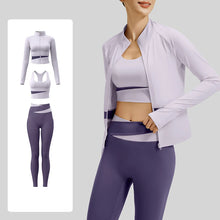 Load image into Gallery viewer, Women's Color Block 3 Piece Yoga Set with Thumb Hole Running Waist Cincher Slim Fit Workout Set Lightweight Pilates Clothes
