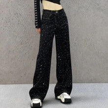 Load image into Gallery viewer, New Female Black Jeans Are Cool Studded With Diamonds. Casual Denim Trousers High-waisted, Straight-leg Wide-leg Pants Women's
