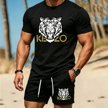 Load image into Gallery viewer, Men Summer Tiger Stripe 2 Piece Tracksuit Breathable Quick Dry Short Sleeve T Shirt Shorts Set Gym Running Sportswear
