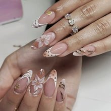 Load image into Gallery viewer, Medium fake nails for women Gradient nude brown blue flowers or rhinestones fall winter almond tips press on false nail art set
