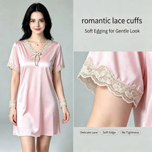 Load image into Gallery viewer, Elegant Women Satin Night Dress Lace V‑Neck Bow Knot Short Sleeve Sexy Sleepwear Ladies Home Loungewear Nightgown Sexy Lingiere
