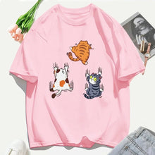 Load image into Gallery viewer, Women T Shirts Casual Woman Clothes Crewneck Tee Tops Three Cats Climbing Upwards and Escaping Print T-Shirt
