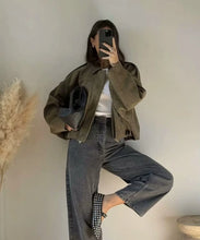 Load image into Gallery viewer, Women Bomber Jackets Suede Texture Coats Fashion Turn-down Collar Long Sleeve Loose Vintage Female Outerwear Chic Top Streetwear
