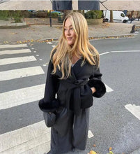 Load image into Gallery viewer, Elegant Women's Lace Up Woolen Coats Solid Full Sleeve Turn-down Collar Loose Lady Coats 2025 Autumn Winter Female Streetwear
