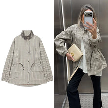 Load image into Gallery viewer, Women's Coat 2026 New Autumn Gray Plaid Long Sleeve Loose Drawstring Decorative Coat Casual Fashion Personal Ladies Outerwear
