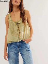 Load image into Gallery viewer, Sleeveless Tank Tops for Women Blouses Summer Boho Beach Wear 100%Cotton Splicing Lace Shirts Loose Casual Ladies Blusas Camis
