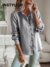 Load image into Gallery viewer, Women's Shirt Elegant Long Sleeve Ruched Stand Neck Office Lady Blouse Casual Button Shirts Harajuku Tunics Street Simple Tops
