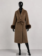 Load image into Gallery viewer, Women's Wool Coat with Fur Cuffs Minimalist Soft Wool High Fashion Belted Winter Fur Trim Coat Old Money Style Natural Fur Coat
