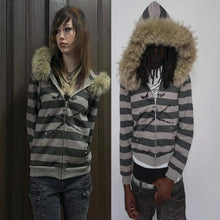 Load image into Gallery viewer, Hoodie with leather collar suitable both men and women striped printed long sleeved loose hooded sports hoodie punk Y2K daily

