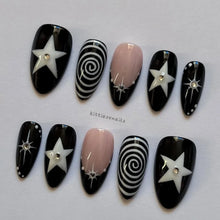 Load image into Gallery viewer, 10 Pieces of Hand-Pressed Almond-Shaped Nails, Beautiful False Nails, Featuring Black Swirl Punk Stars, Suitable for Women
