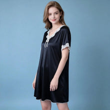 Load image into Gallery viewer, Elegant Women Satin Night Dress Lace V‑Neck Bow Knot Short Sleeve Sexy Sleepwear Ladies Home Loungewear Nightgown Sexy Lingiere
