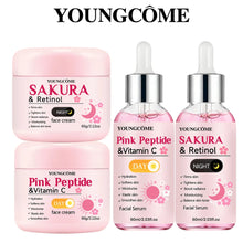 Load image into Gallery viewer, 4-Piece Day &amp; Night Skincare Set: Pink Peptide Vitamin C Day Cream + Sakura Retinol Night Cream &amp; Essence for Hydration, Firmnes
