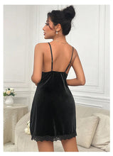 Load image into Gallery viewer, Women's Velvet Nightdress Sexy Deep V Nightgown Female Lace Patchwork Suspender Skirt Backless Adjustable shoulder strap Dress
