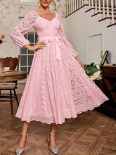 Load image into Gallery viewer, Elegant Party Dress For Woman Evening Prom Dresses Lace Long Gown V Neck Maxi Dress White Pink Floral Lace A Line Balloon Sleeve

