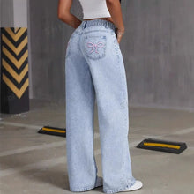 Load image into Gallery viewer, Mens Jeans Vintage Bow Embroidery Washed Denim Pants Harajuku Unisex Loose Fit Straight Leg Streetwear Casual Fashion Trend New
