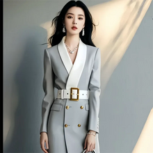 Load image into Gallery viewer, Elegant White Belted Suit Dress
